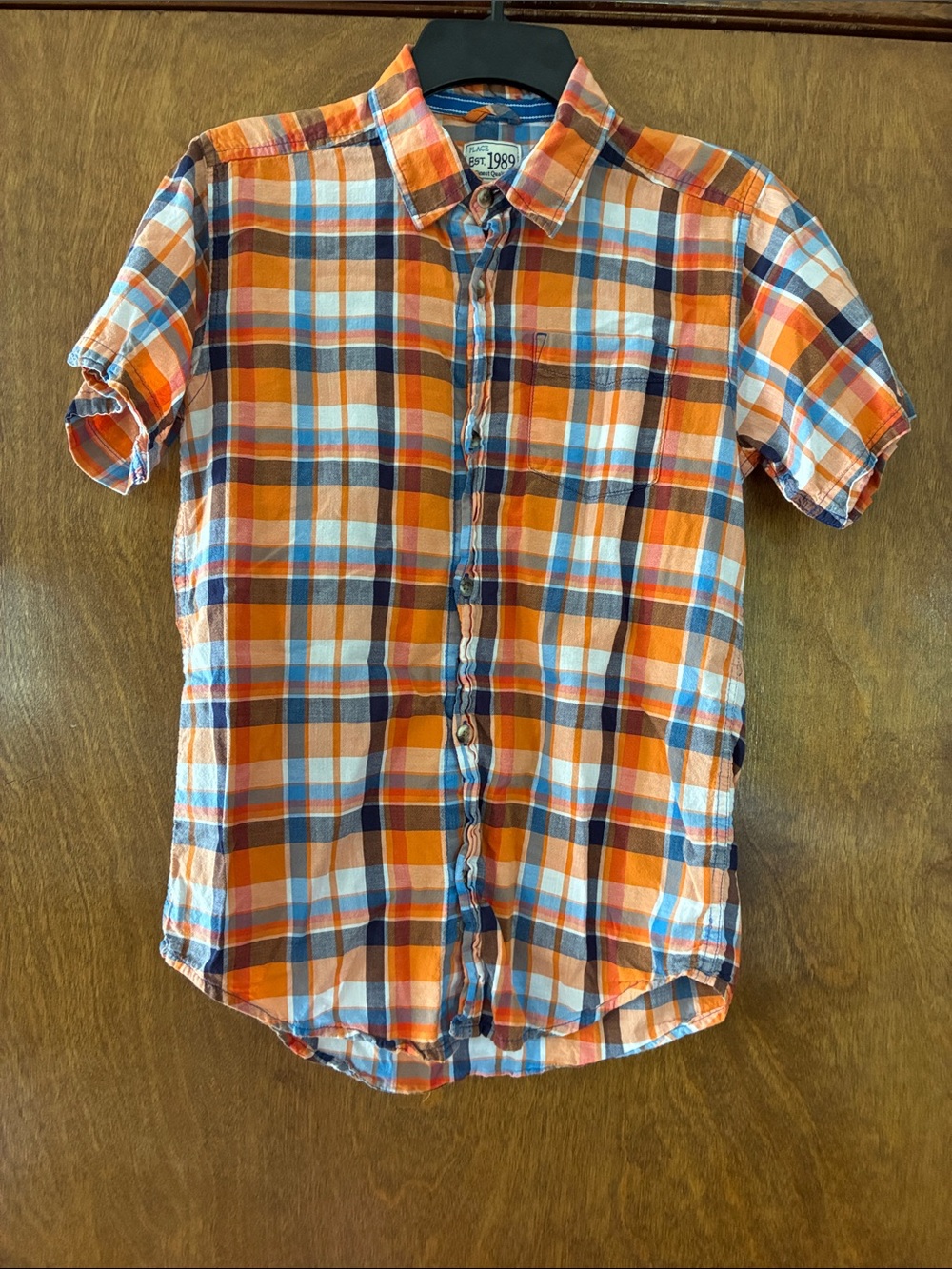 Place Plaid Short-Sleeve Button-Down Shirt - Orange, Blue & White